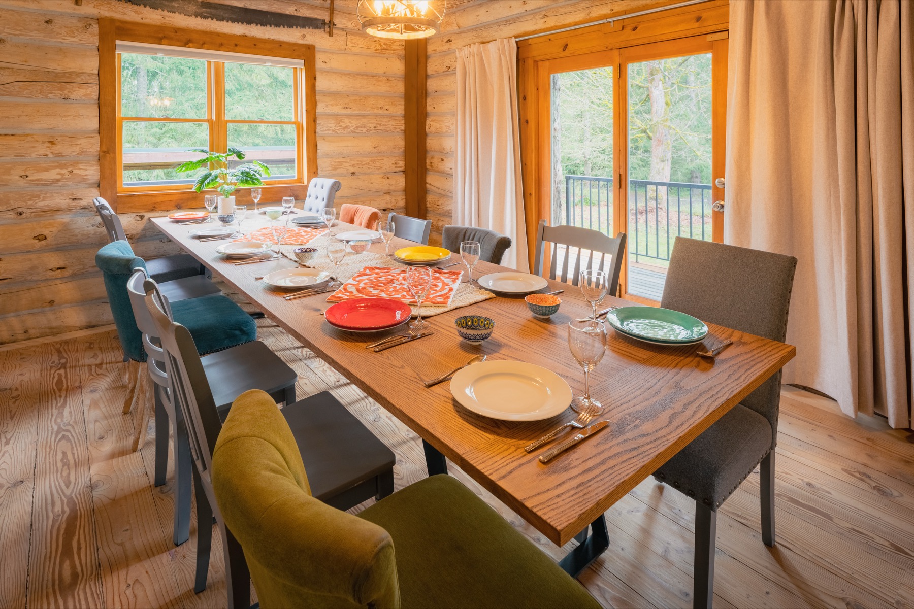 Dining table set for a shared meal at Blue Roof Lodge
